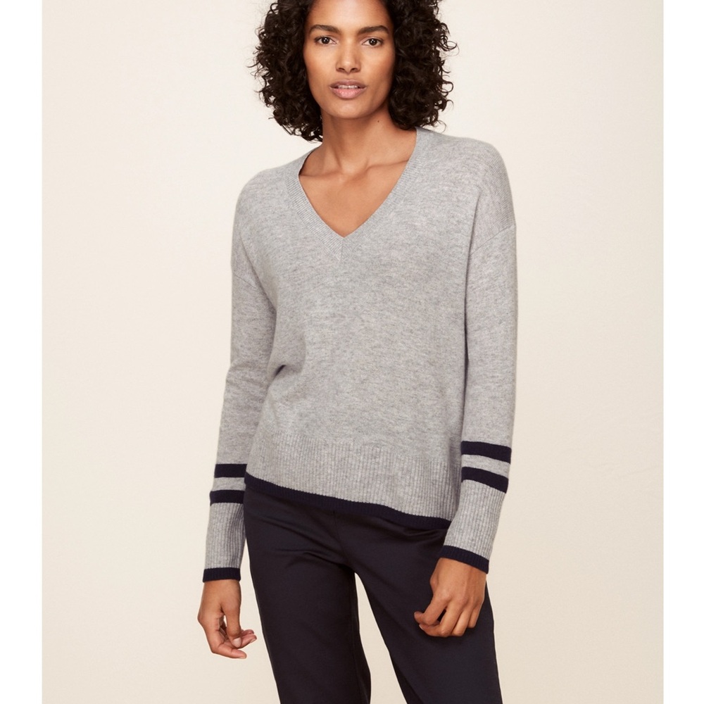 The White Company Stripe-Sleeve V-Neck Sweater with Cashmere